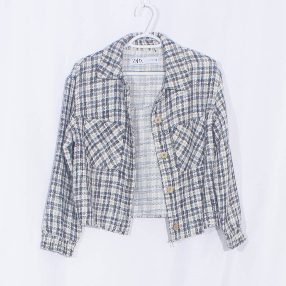 ZARA Textured Cropped Plaid Tweed Shacket with Chest Pockets Size XS - Picture 5 of 10